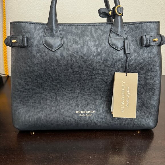 Burberry Banner House Check Derby Leather Medium Tote w/ Strap Authentic - Black - Picture 2 of 16